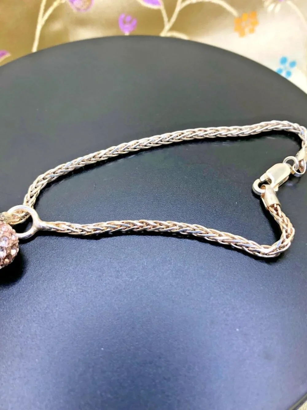 8 inch sterling silver lariat slide bracelet with rhinestone glitter ball. 8+ gr